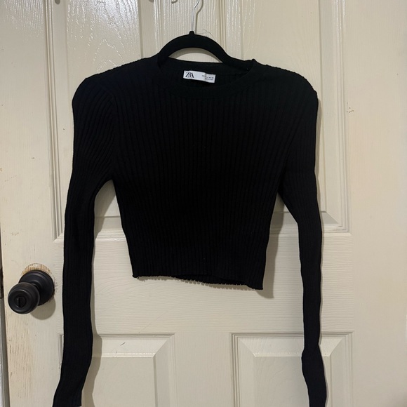 Zara Black Ribbed Cropped Long Sleeve Top | Size L - Picture 1 of 7
